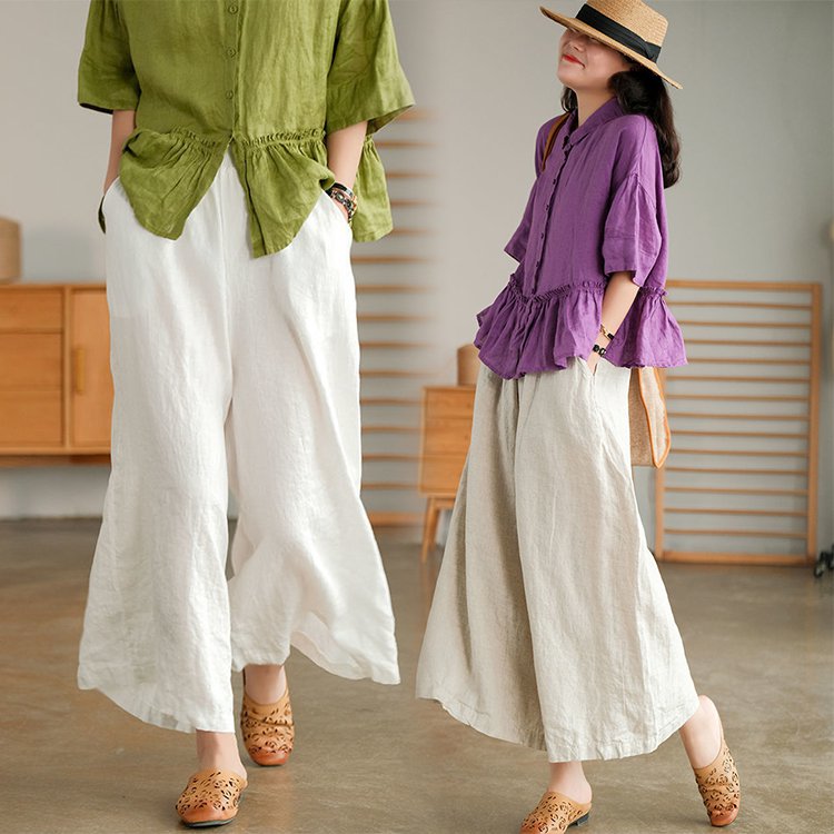 快適な9分丈綿麻ワイドパンツ