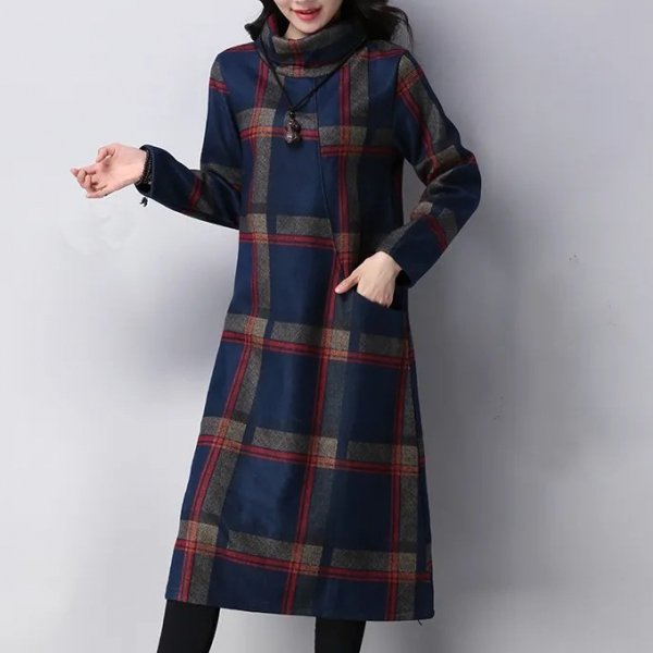 欠かせないチェック柄ハイネック長袖すね丈カジュアルワンピース