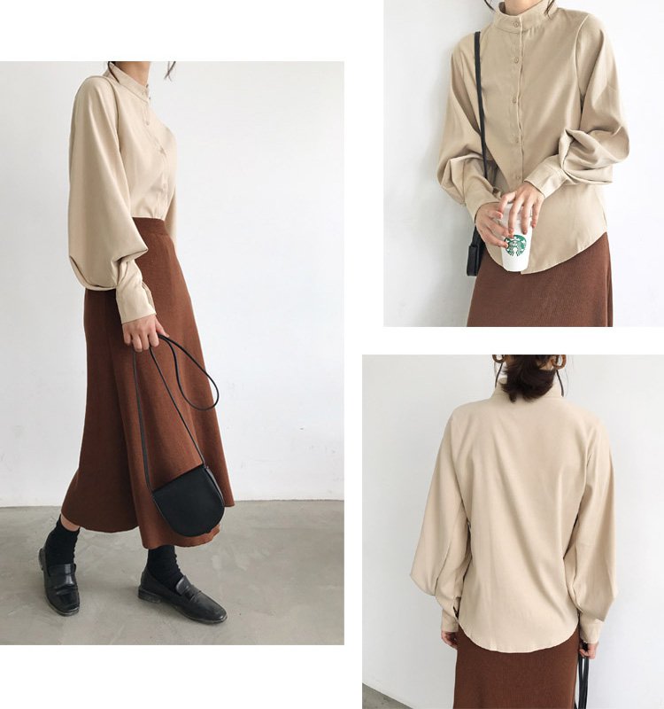 ランタンスリーブ×バンドカラーの無地シャツ