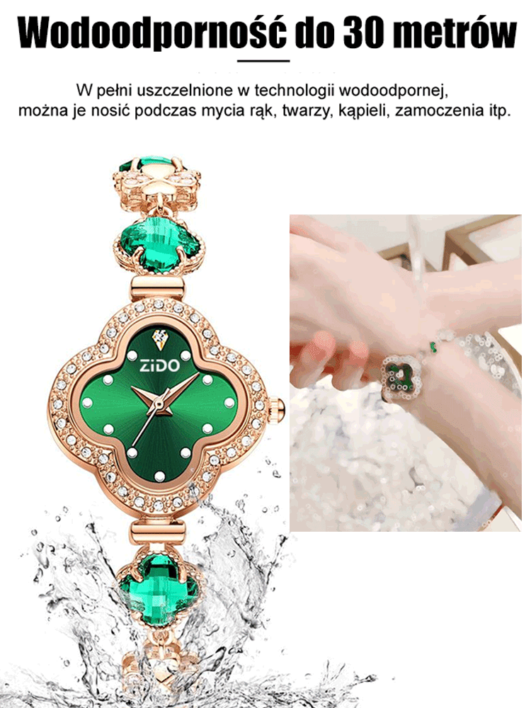 Wysokiej jakości zegarek damski z jadeitem i diamentami w kształcie czterolistnej koniczyny