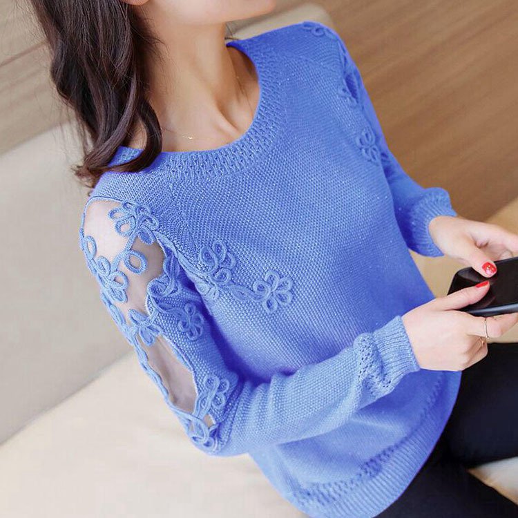 新商品エレガント切り替えラウンドネック長袖ニットセーター