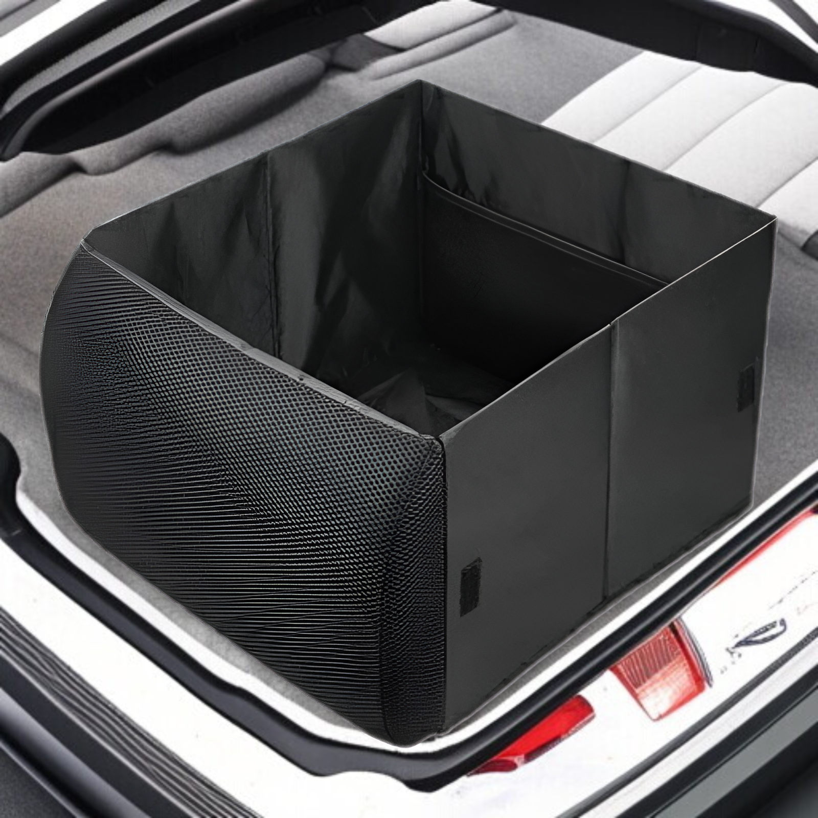 Portable foldable car seat storage box in use