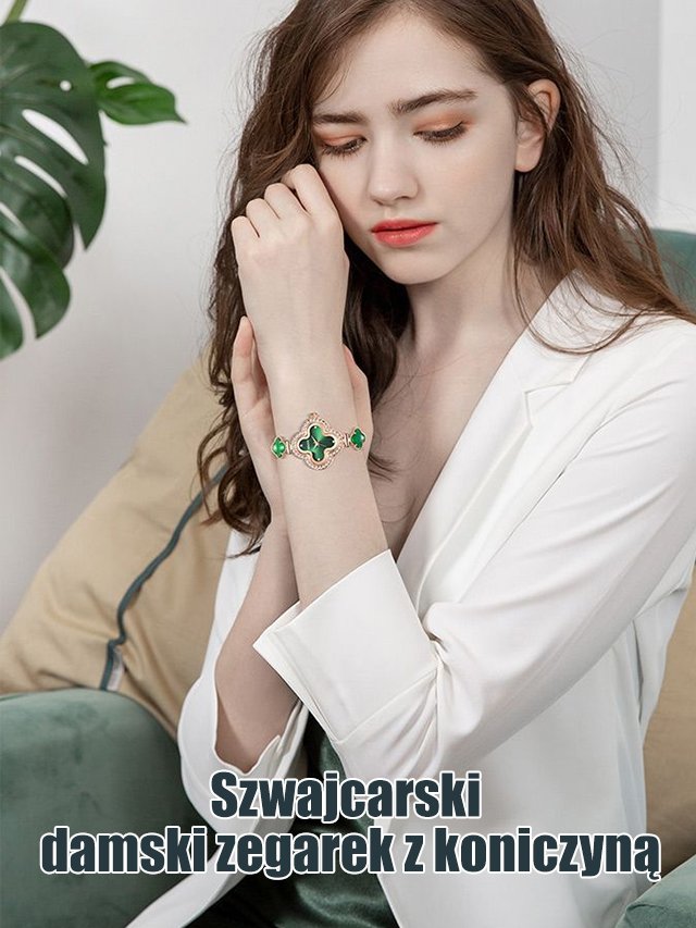 Wysokiej jakości zegarek damski z jadeitem i diamentami w kształcie czterolistnej koniczyny