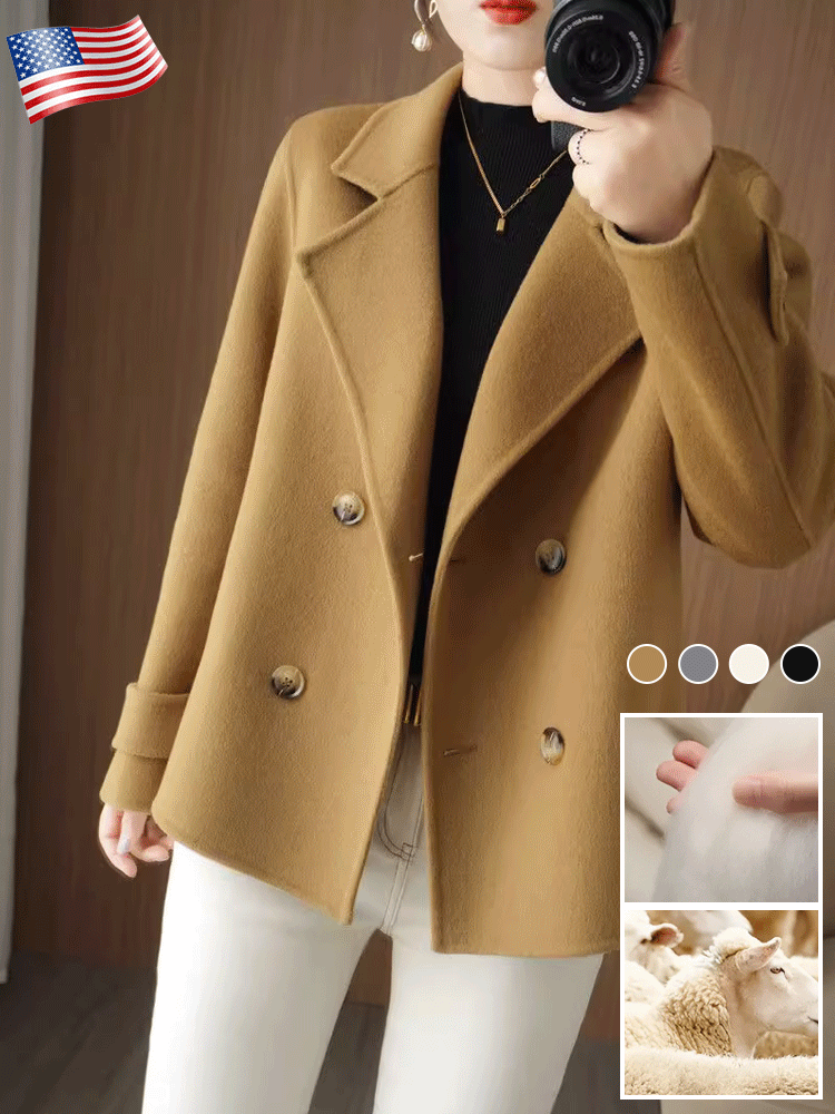 Jachetă scurtă de lână, cu guler de costum de cașmir, pe două fețe