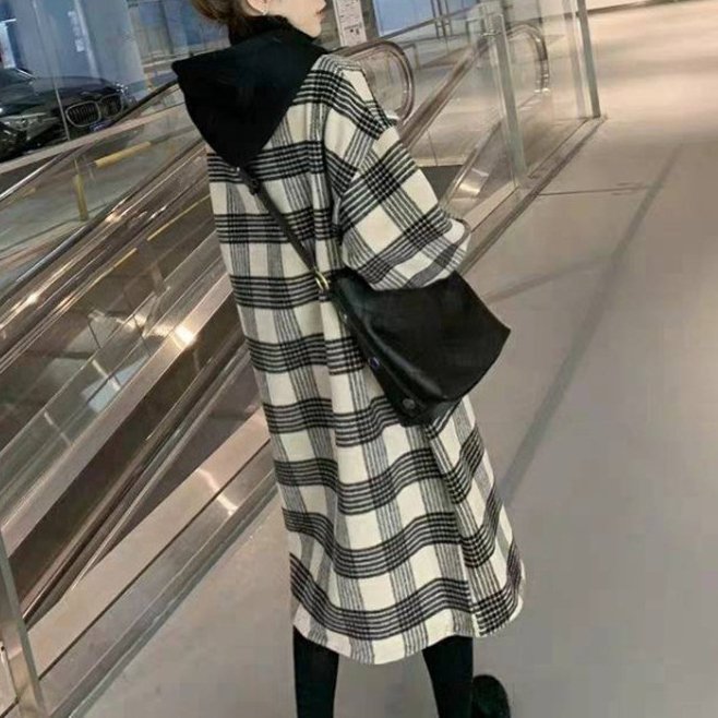ファッションフード付きチェック柄着瘦せカジュアルワンピース