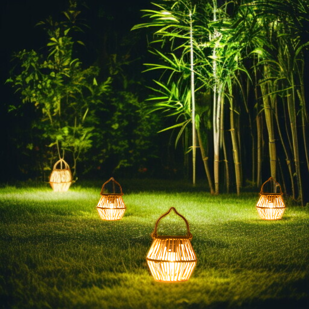 竹編みソーラー庭園ランタン 手提げランタン 田園風防水アウトドアテーブルランプ 吊り下げ装飾灯