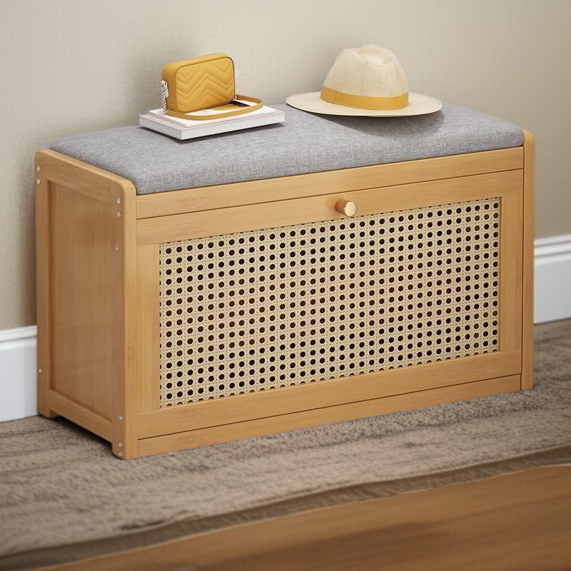 Modern shoe changing bench for entryway with shoe rack and cabinet