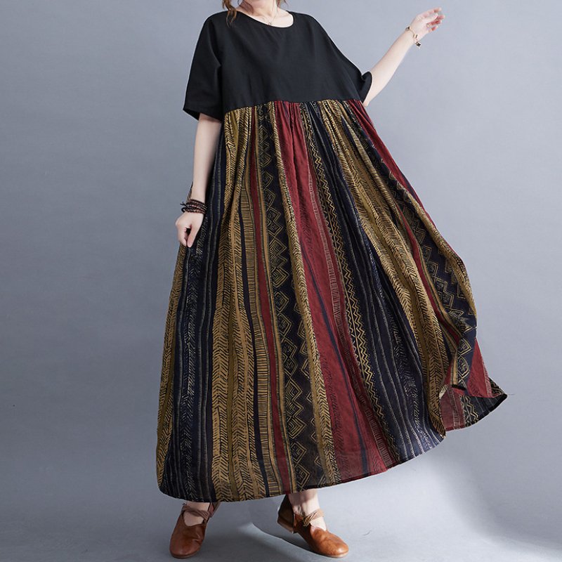 超人気ヒッコリー柄切り替え配色ワンピース