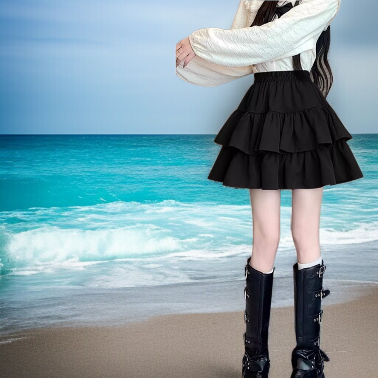 봄여름 키 작은 여성 하이웨스트 프릴 스커트 착용샷