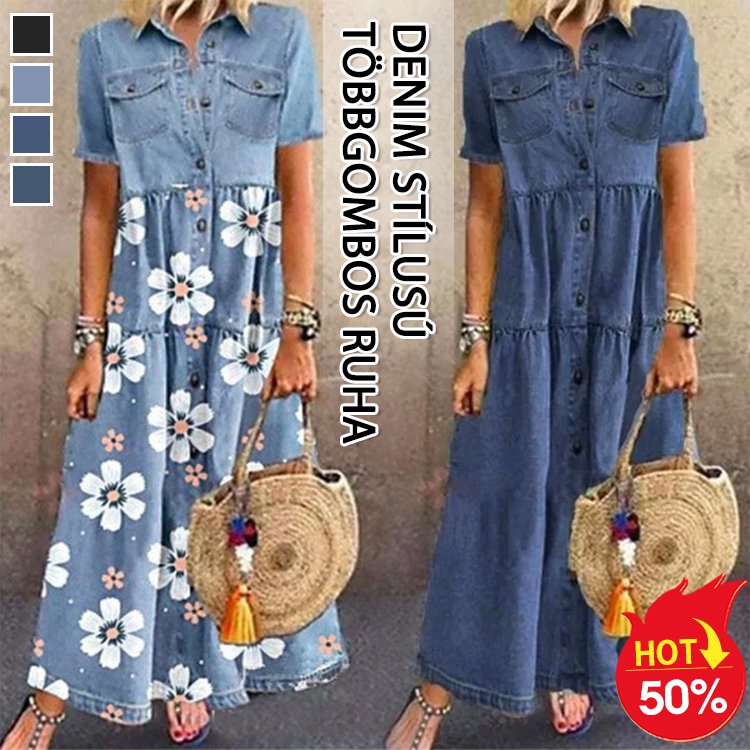 Denim stílusú, többgombos ruha